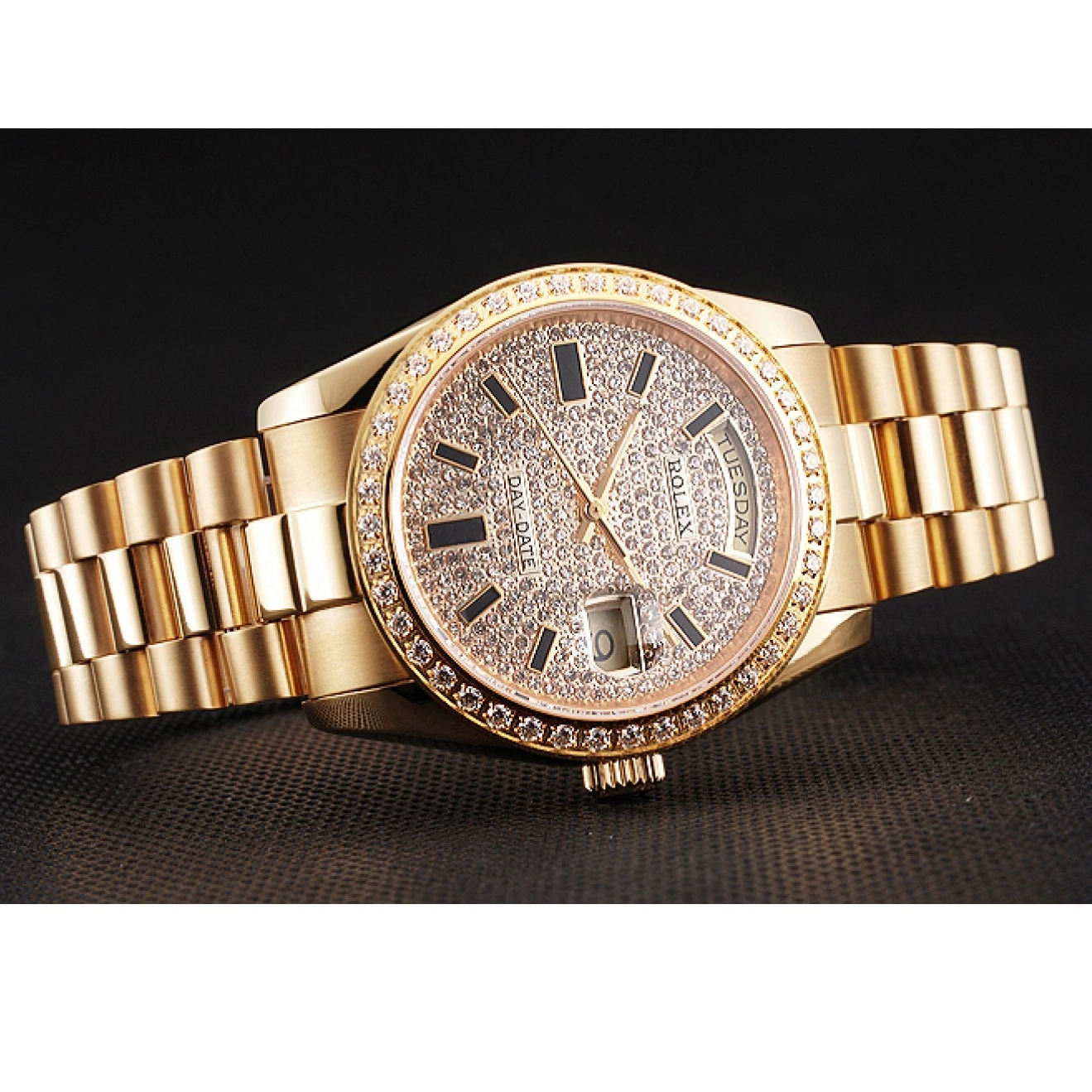Aaa replica Bezel And And Date Rolex Dial Gold Pave Diamond Bracelet Case Day Swiss 0518